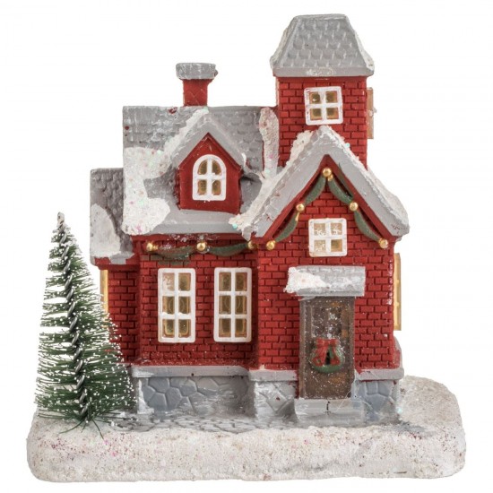 Scena de Craciun Casa Rosie cu Brad & Lumina LED 10x7x11cm