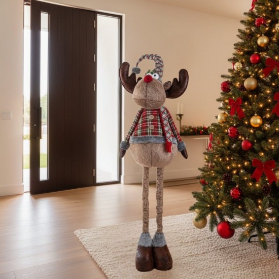 Figurina Decorativa de Craciun Ren Maro cu Picioare Extensibile Sacou in Carouri 108-150cm