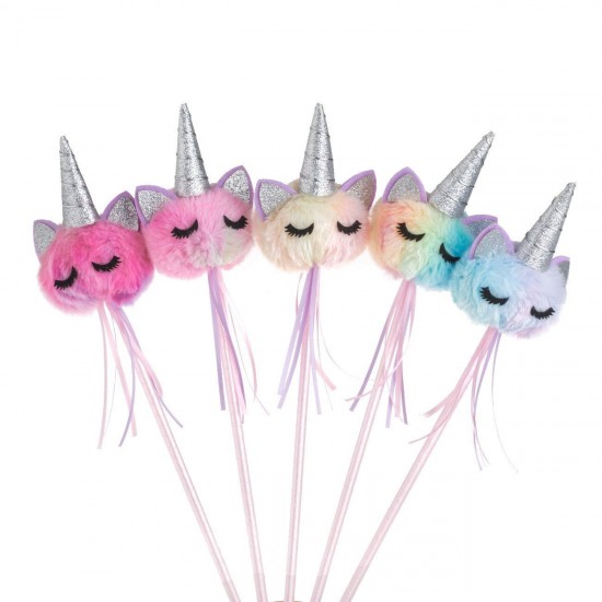 Bagheta cu Cap de Unicorn 3D din Imitatie de Blana Colorata Rainbow & Glitter Argintiu 39cm