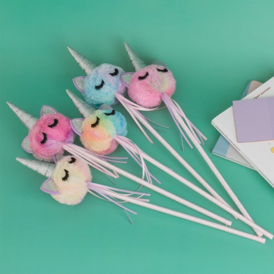 Bagheta cu Cap de Unicorn 3D din Imitatie de Blana Colorata Rainbow & Glitter Argintiu 39cm