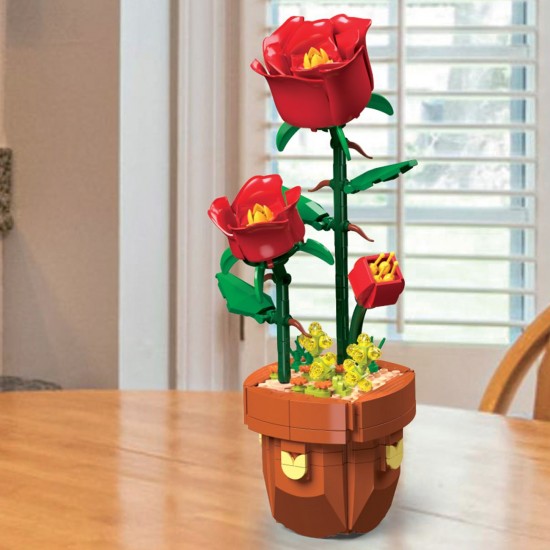 Cuburi de Constructie Ghiveci cu Trandafiri Rosii 29.5x12cm - 344 piese