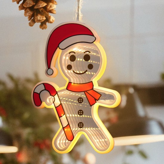 Decoratiune de Craciun Oglinda Om de Turta Dulce cu Efect Infinit & LED 10,5x15cm