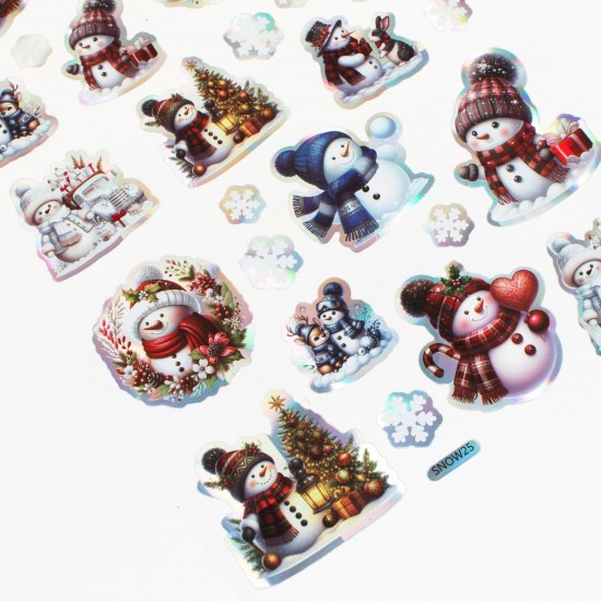 Autocolante de Craciun cu Modele Holografice Om de Zapada Fulgi - 28buc