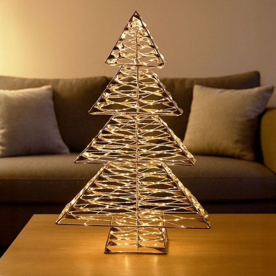 Brad Decorativ Metalic Auriu cu Panglica & 600 de Becuri LED & Timer 42x11x60cm - Alb Cald