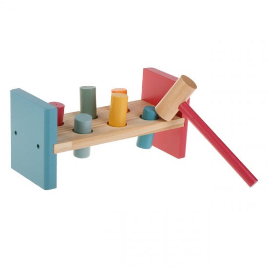 Jucarie din Lemn Banc cu Forme Colorate & Ciocan pentru Bebelusi 22x9x10cm