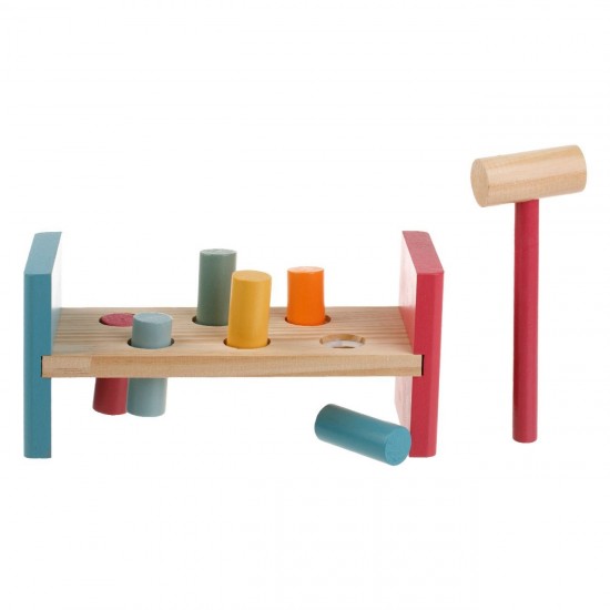 Jucarie din Lemn Banc cu Forme Colorate & Ciocan pentru Bebelusi 22x9x10cm