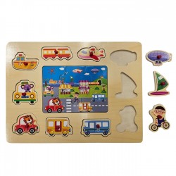 Puzzle din Lemn Drum cu Vehicule de Transport (10 piese) 30x22cm