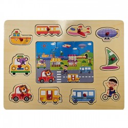 Puzzle din Lemn Drum cu Vehicule de Transport (10 piese) 30x22cm