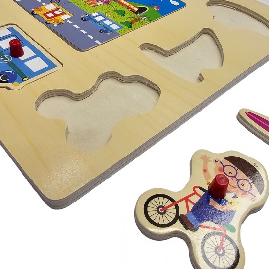 Puzzle din Lemn Drum cu Vehicule de Transport (10 piese) 30x22cm