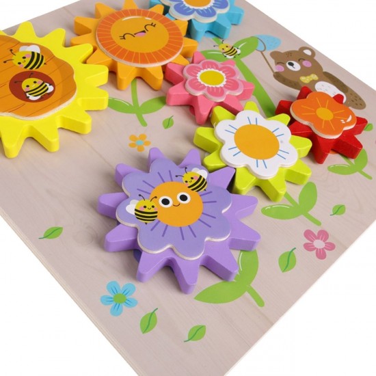 Jucarie Educativa din Lemn cu Roti Zimtate Flori 22,5x22,5cmm