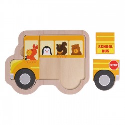 Puzzle din Lemn Autobuz Scolar (4 piese) 16x12cm