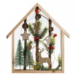 Decoratiune de Craciun Casa din Lemn cu Brad Ren Berries cu Glitter Sampaniu & Lumina 27x6x2,5cm