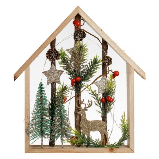 Decoratiune de Craciun Casa din Lemn cu Brad Ren Berries cu Glitter Sampaniu & Lumina 27x6x2,5cm