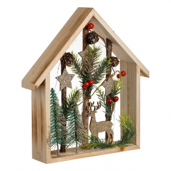 Decoratiune de Craciun Casa din Lemn cu Brad Ren Berries cu Glitter Sampaniu & Lumina 27x6x2,5cm