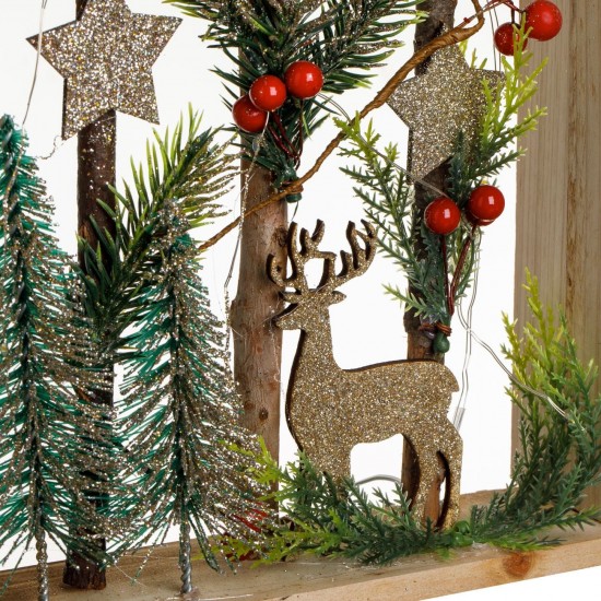 Decoratiune de Craciun Casa din Lemn cu Brad Ren Berries cu Glitter Sampaniu & Lumina 27x6x2,5cm