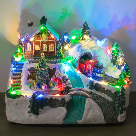 Scena de Craciun cu Tren Casa Brad Lumina Muzica & Miscare 22x16x17cm