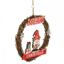 Decoratiune de Craciun din Lemn Coronita cu Figurina de Gnome Nas Pompon Ø16cm