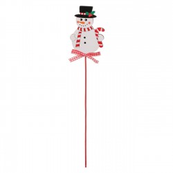 Decoratiune de Craciun din Lemn Om de Zapada pe Bat & Funda cu Carouri 30cm