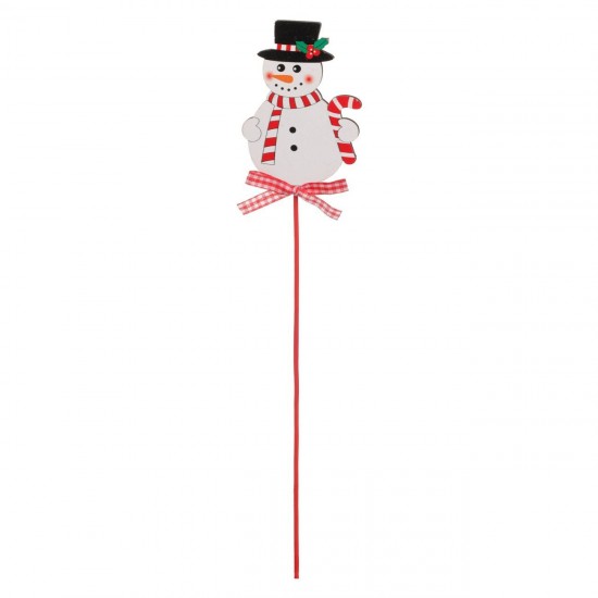 Decoratiune de Craciun din Lemn Om de Zapada pe Bat & Funda cu Carouri 30cm