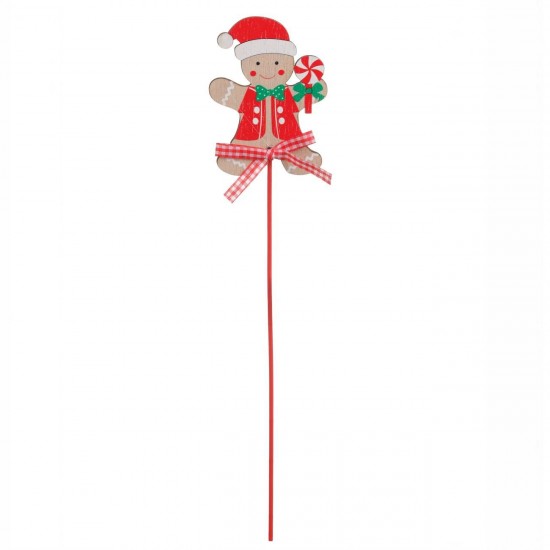Decoratiune de Craciun din Lemn Figurina Om de Turta Dulce pe Bat & Funda cu Carouri 30cm